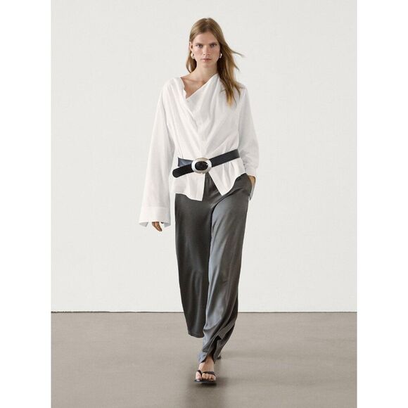 Massimo Dutti Womens Pants EU 42 US 10 Gray Wide-Leg Satin Trousers 5054/885 NWT - Picture 1 of 11